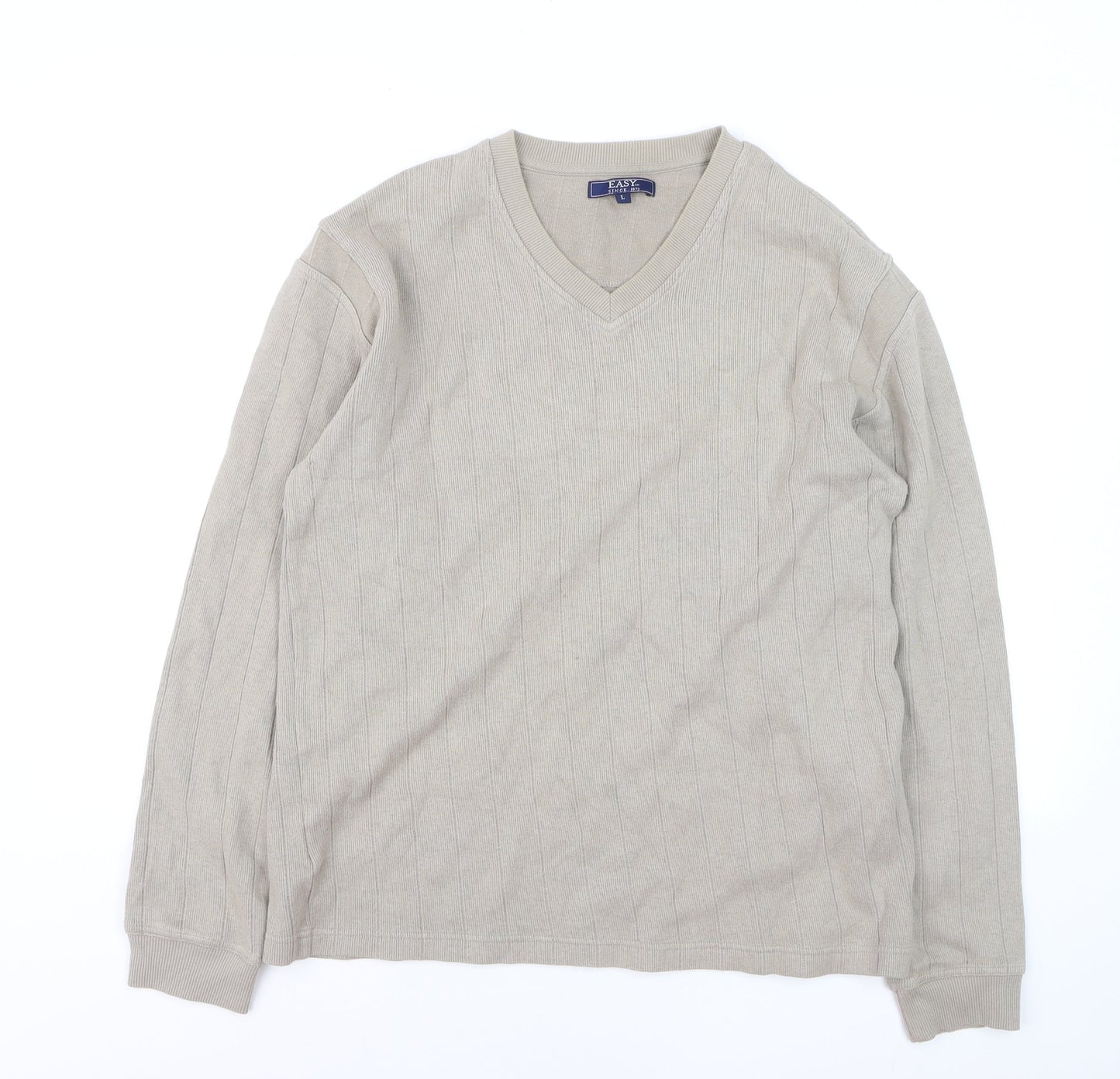 Easy Mens Beige Cotton V-Neck Jumper Size L Lightweight Knit