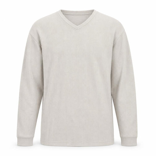 Front view of Easy men’s beige cotton v-neck jumper, size L, lightweight knit