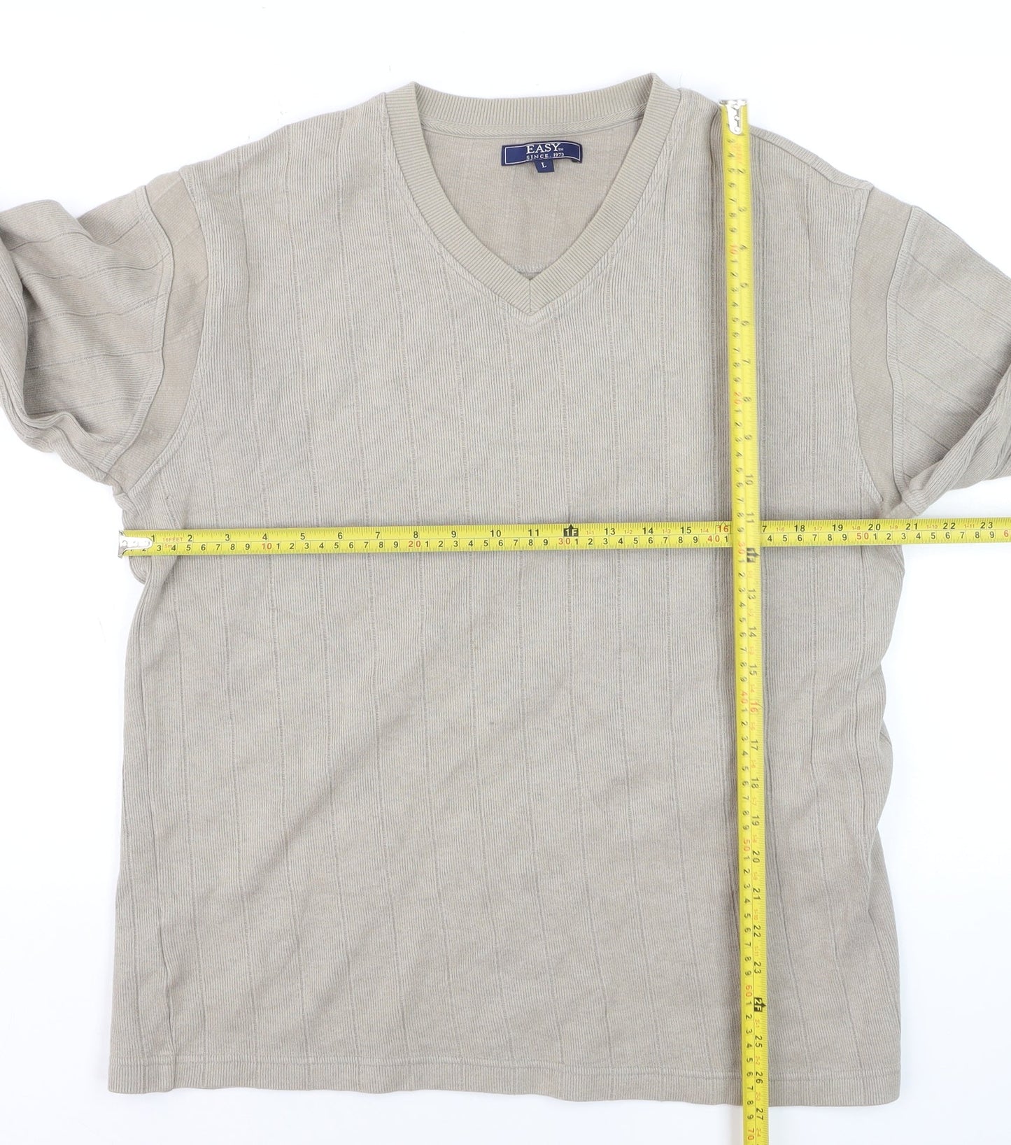 Easy Mens Beige Cotton V-Neck Jumper Size L Lightweight Knit