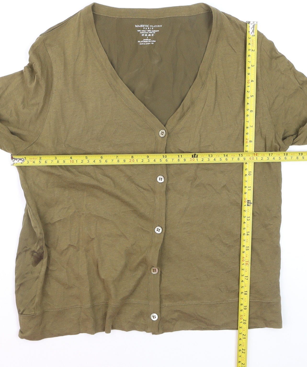 Majestic Filatures Women's Green Cotton Cashmere V-Neck Cardigan M