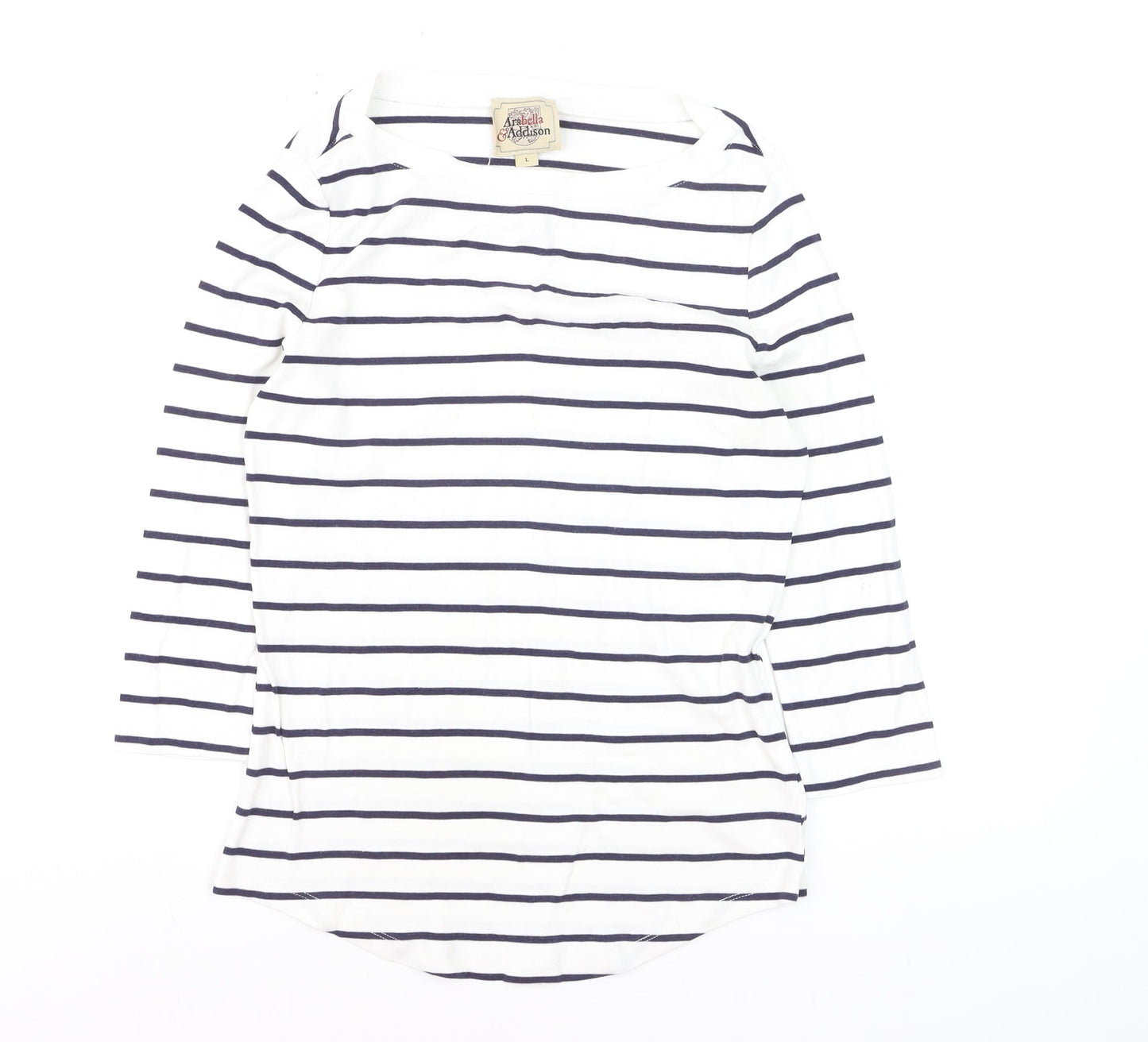 Arabella & Addison Women's White Striped 3/4 Sleeve Boat Neck T-Shirt L