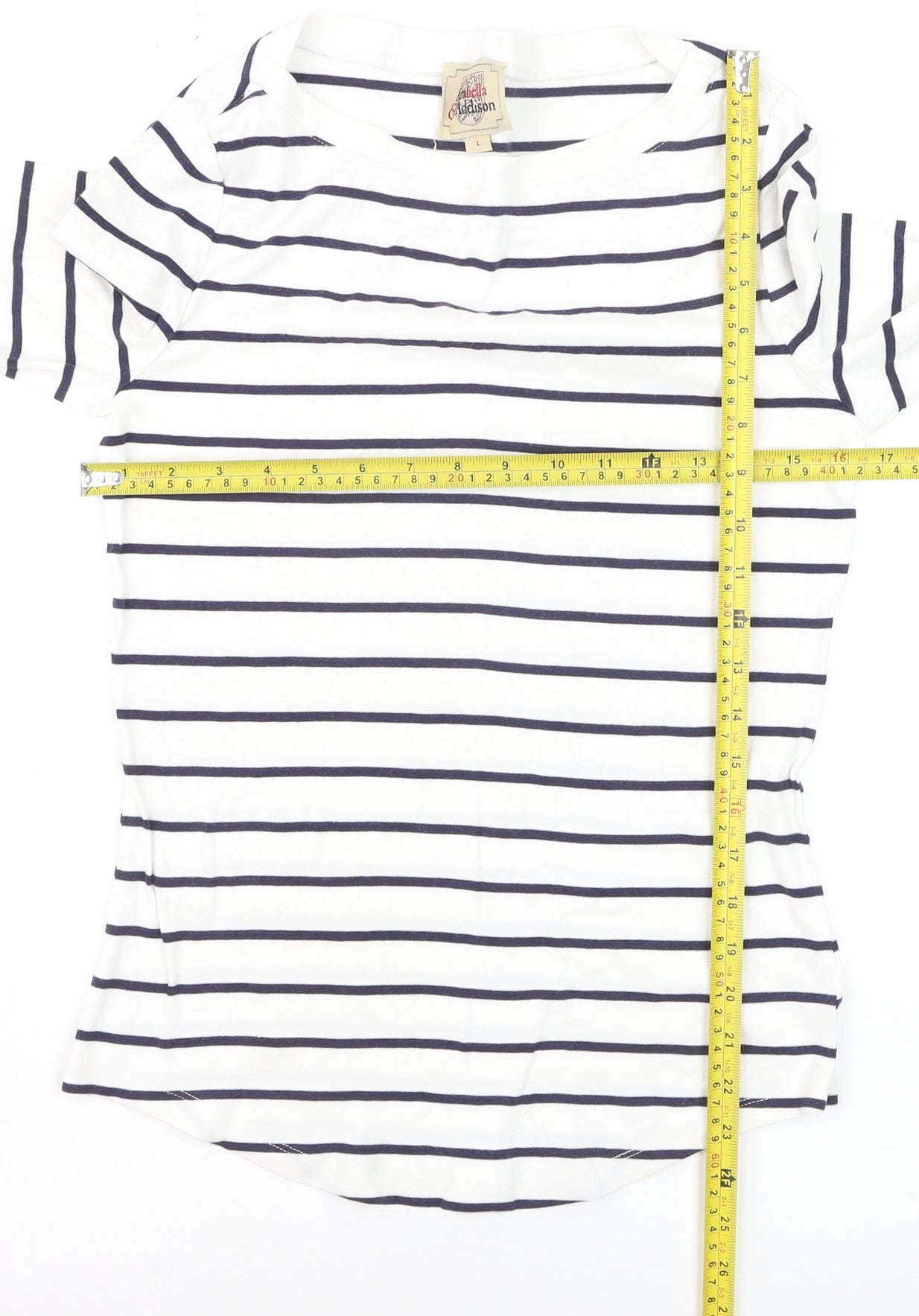 Arabella & Addison Women's White Striped 3/4 Sleeve Boat Neck T-Shirt L