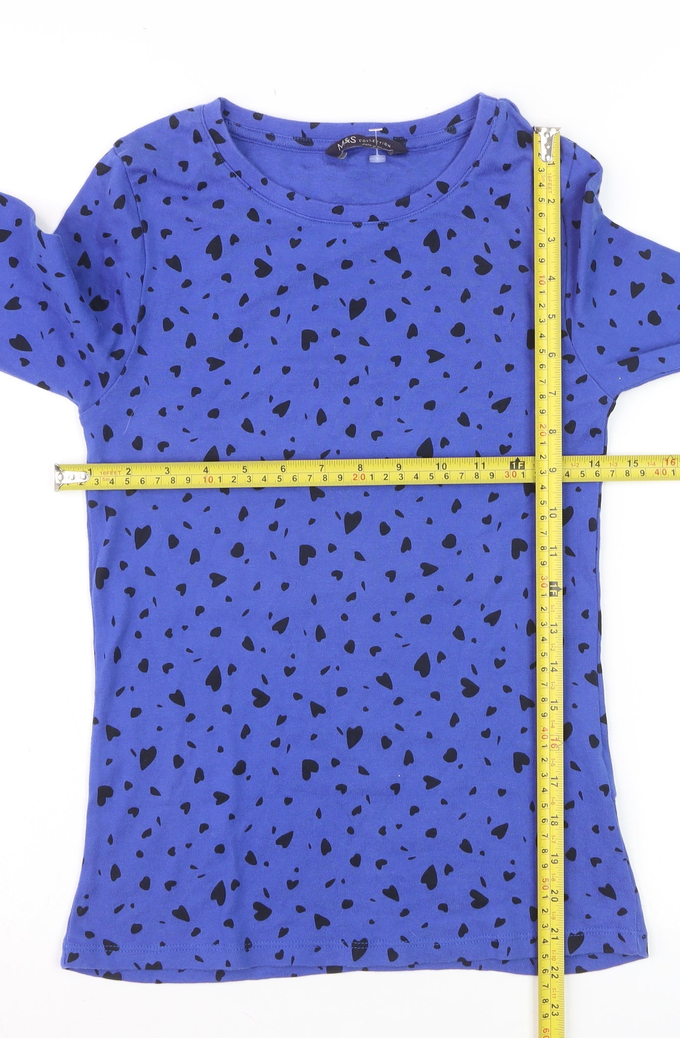 Marks and Spencer Women Blue Long Sleeve Heart Print Cotton T-Shirt Size 10
