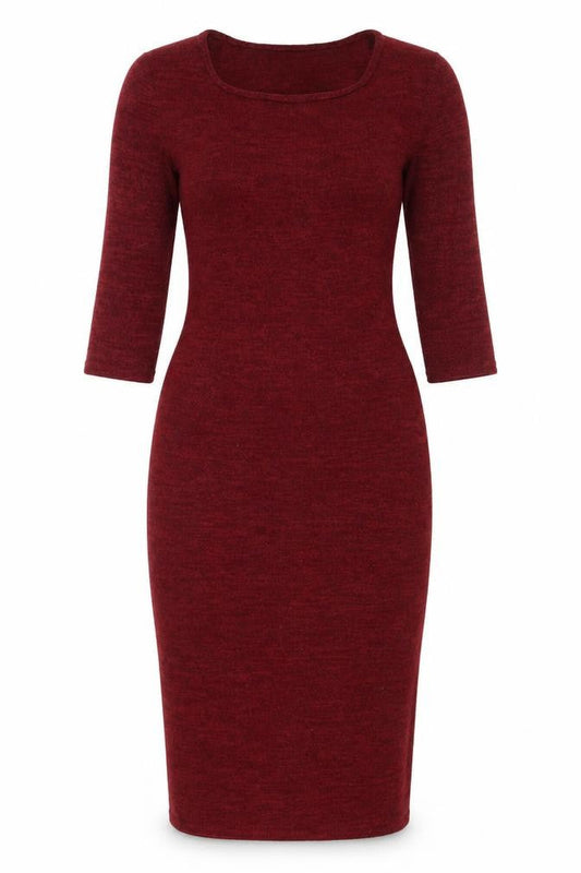 Front view of Atmosphere Women Red Bodycon Knit Dress, size 8, 3/4 Sleeve