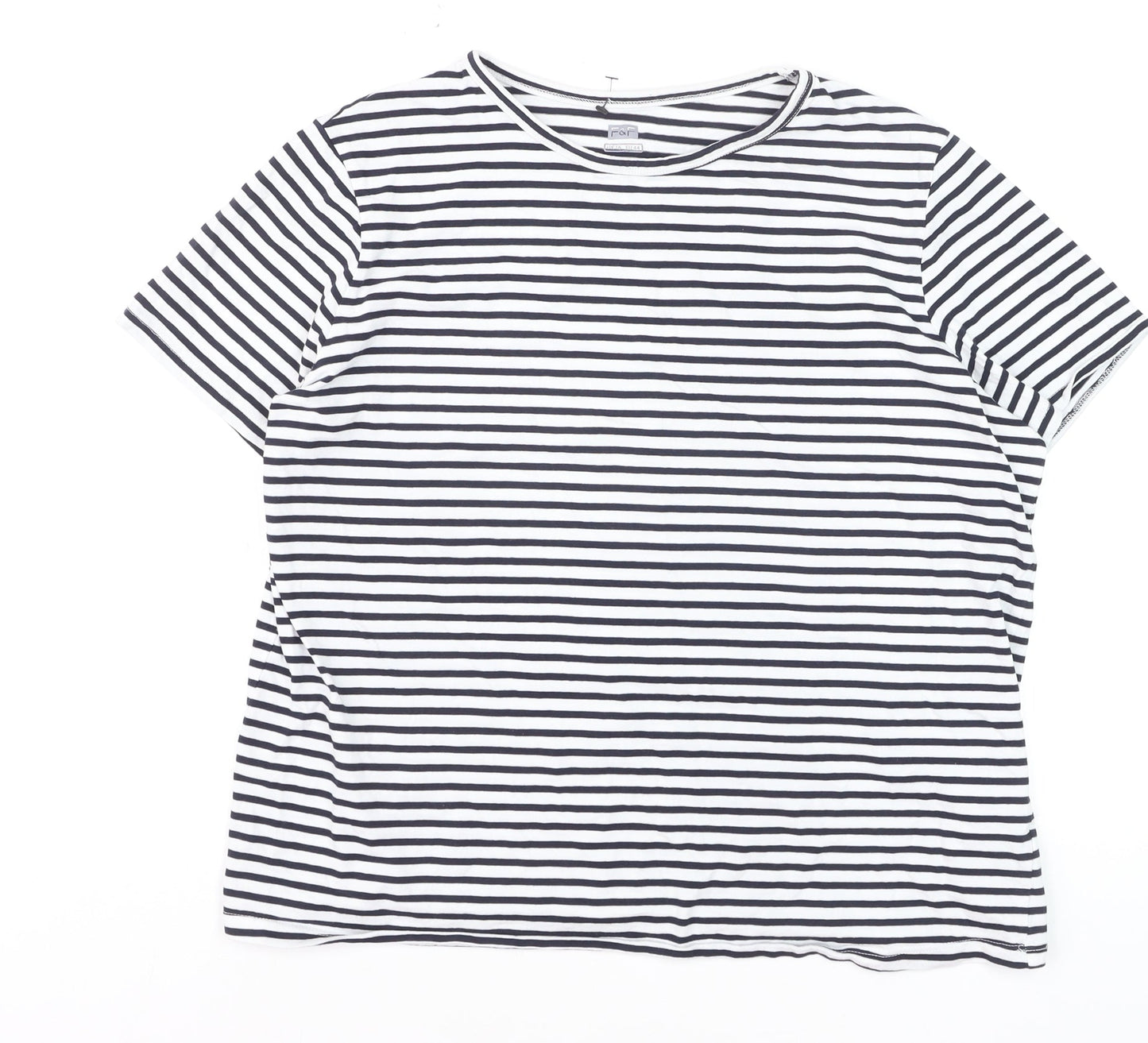 F&F Women’s Navy White Striped Cotton T-Shirt UK 16 Crew Neck Short Sleeve