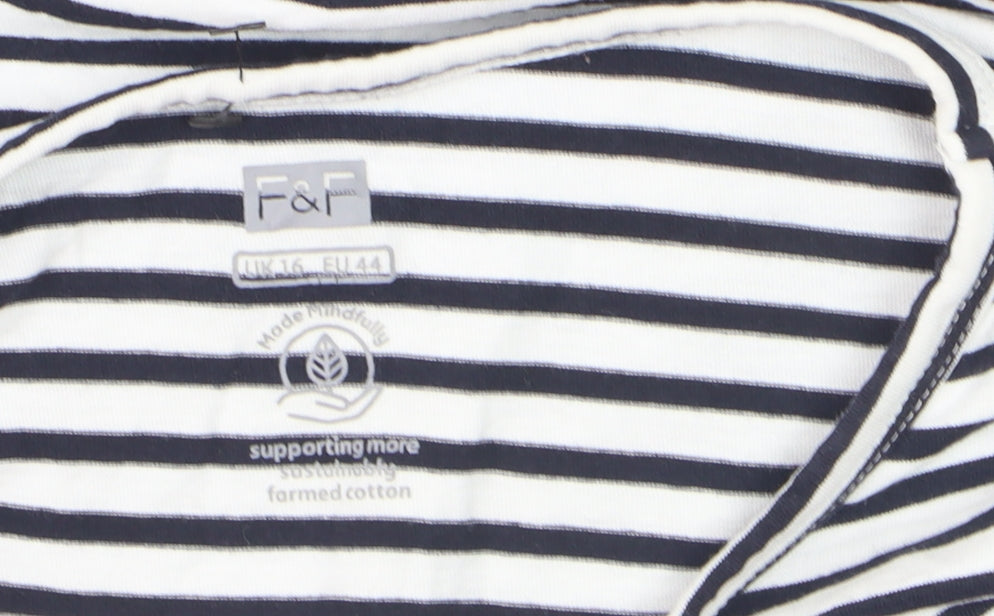 F&F Women’s Navy White Striped Cotton T-Shirt UK 16 Crew Neck Short Sleeve