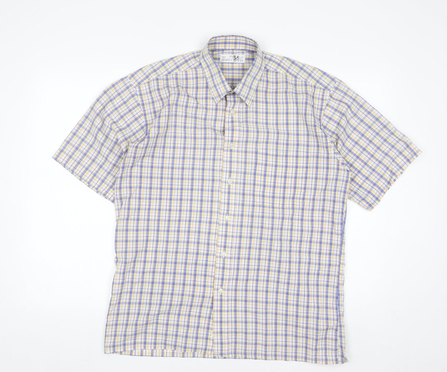 Marks and Spencer Men's Blue Check Short Sleeve Button-Up Shirt 15.5 Regular Fit