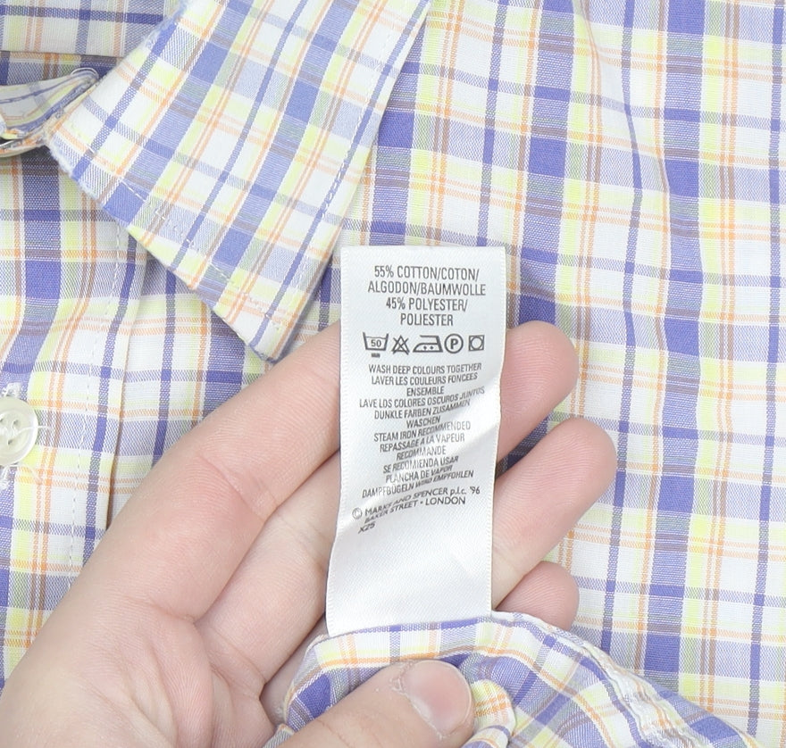 Marks and Spencer Men's Blue Check Short Sleeve Button-Up Shirt 15.5 Regular Fit
