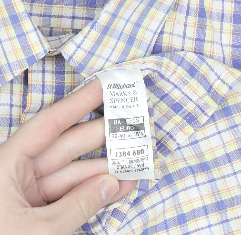 Marks and Spencer Men's Blue Check Short Sleeve Button-Up Shirt 15.5 Regular Fit