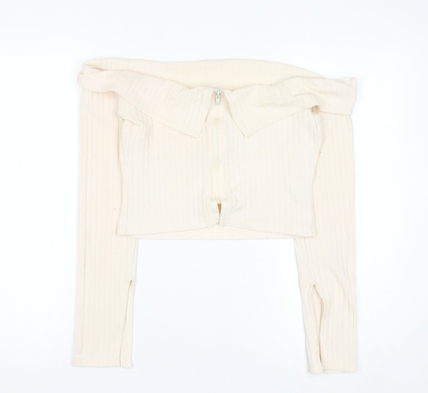 PrettyLittleThing Women’s Ivory Off Shoulder Zip Rib Knit Jumper Size 10
