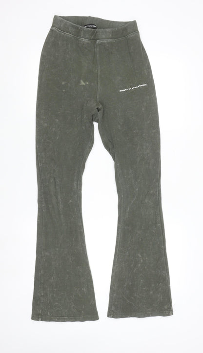 PRETTYLITTLETHING Women's Green Flared Ribbed Trousers Size 14