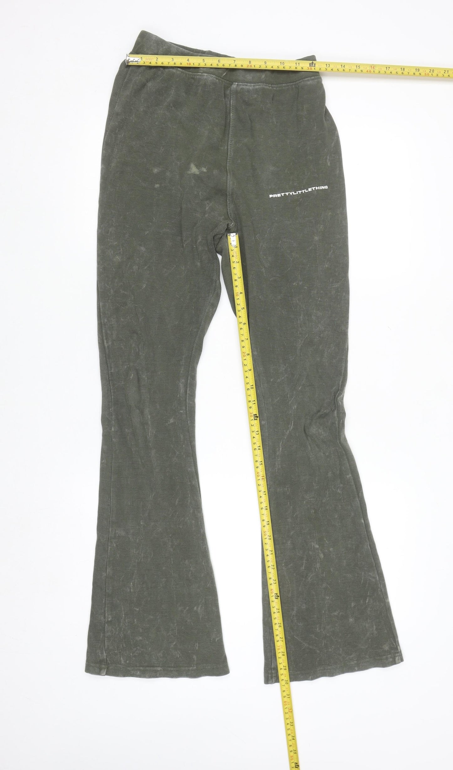 PrettyLittleThing Women's Green Flared Ribbed Trousers Size 14