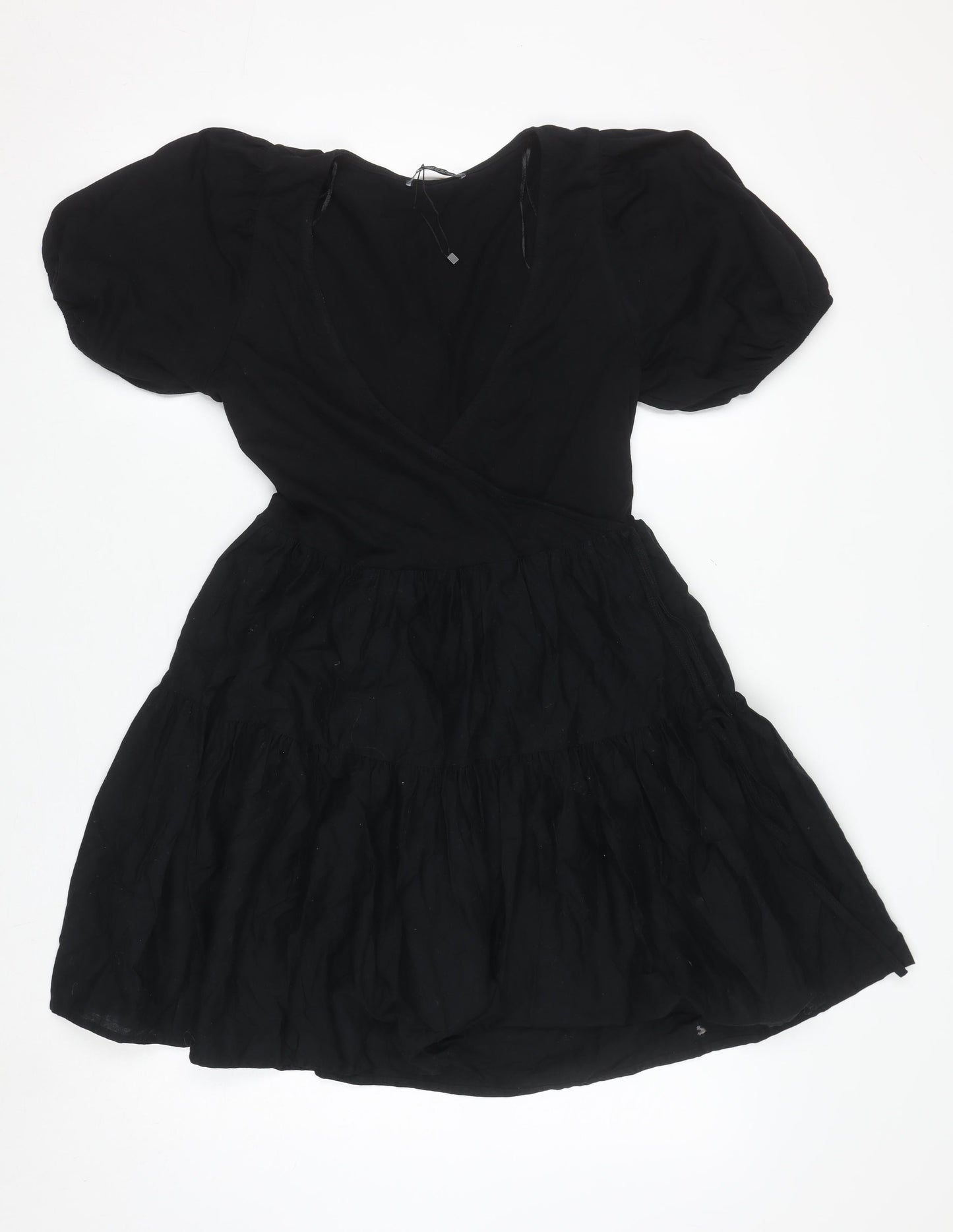 ZARA Women Black XS Short Puff Sleeve Cotton Wrap Dress