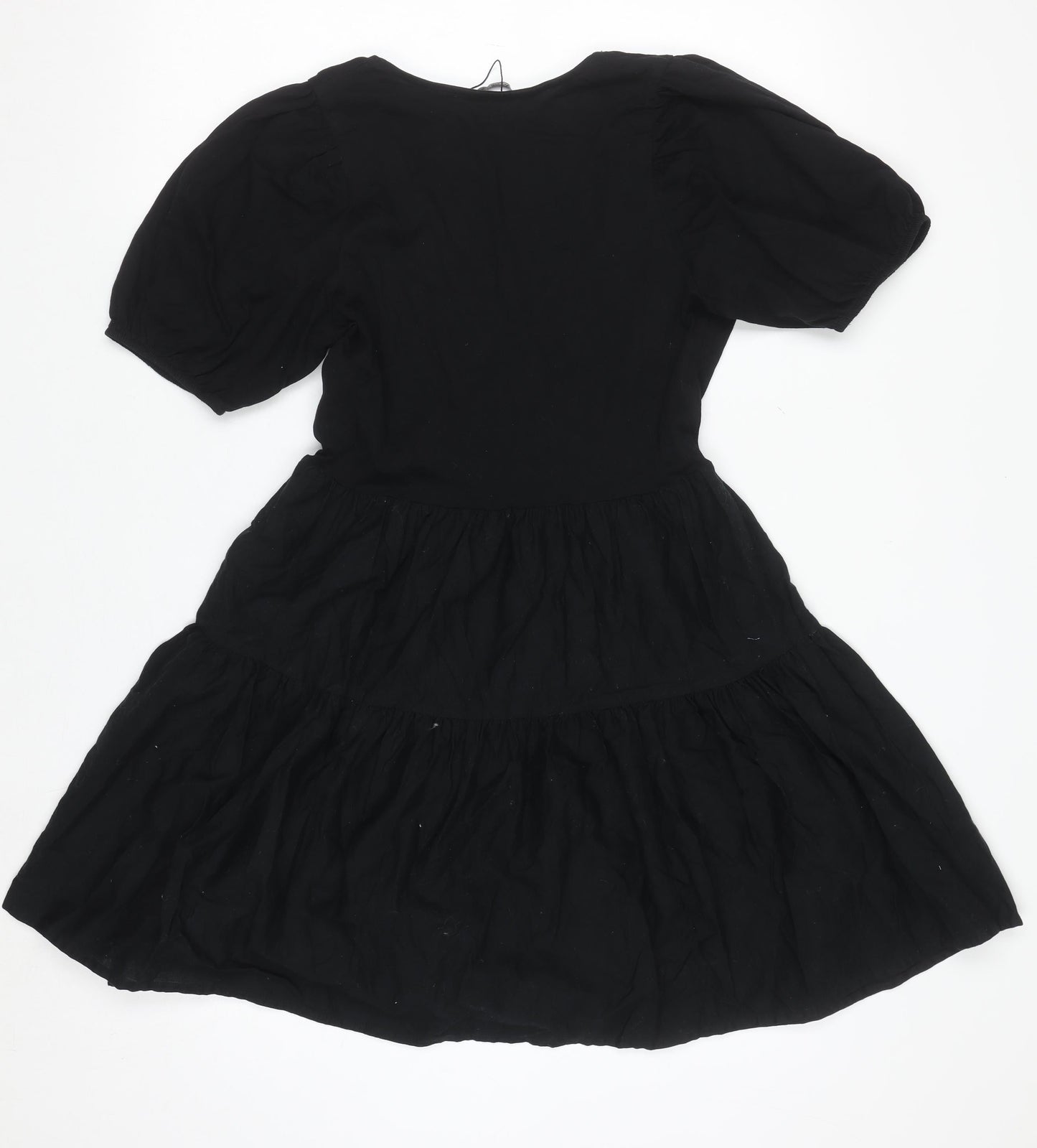 ZARA Women Black XS Short Puff Sleeve Cotton Wrap Dress