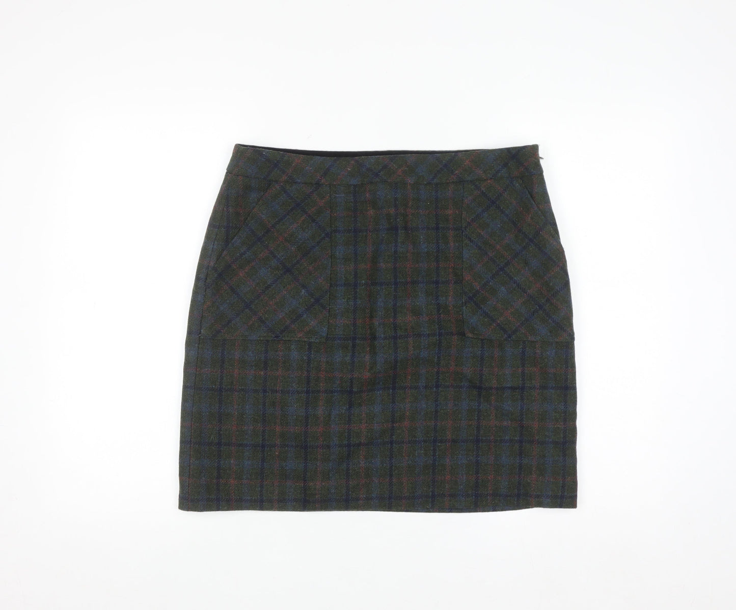 White Stuff Women's Green Wool Tweed Plaid Pencil Skirt UK 12