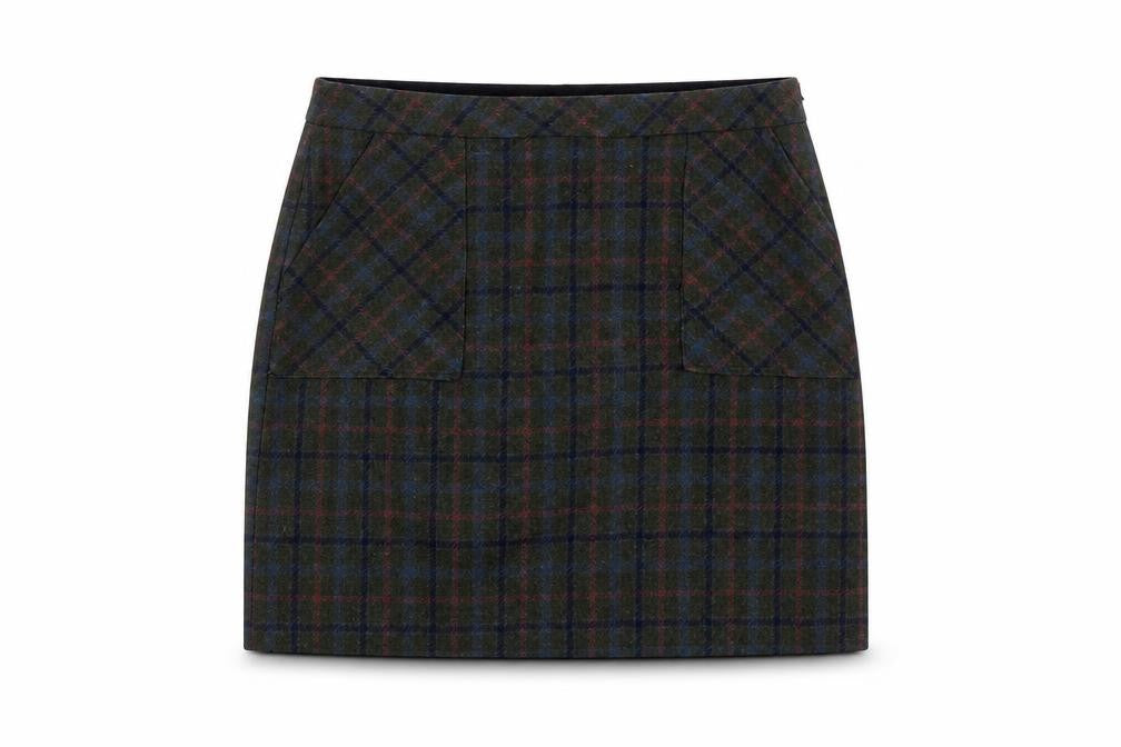 White Stuff Women's Green Wool Tweed Plaid Pencil Skirt UK 12