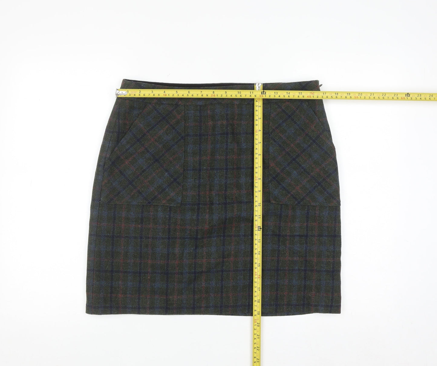 White Stuff Women's Green Wool Tweed Plaid Pencil Skirt UK 12