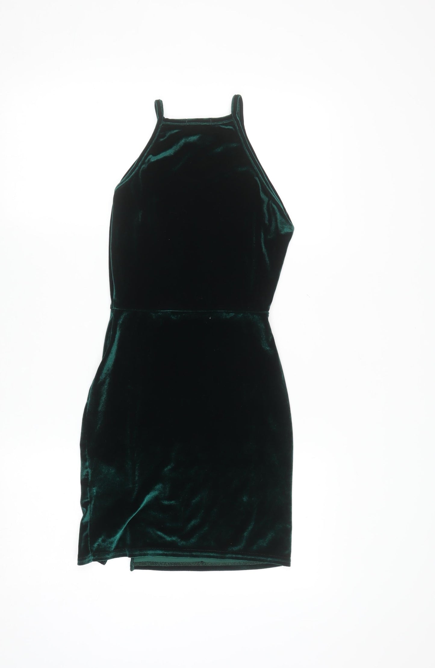 PrettyLittleThing Women’s Green Velvet Bodycon Halter Mini Dress Size 8