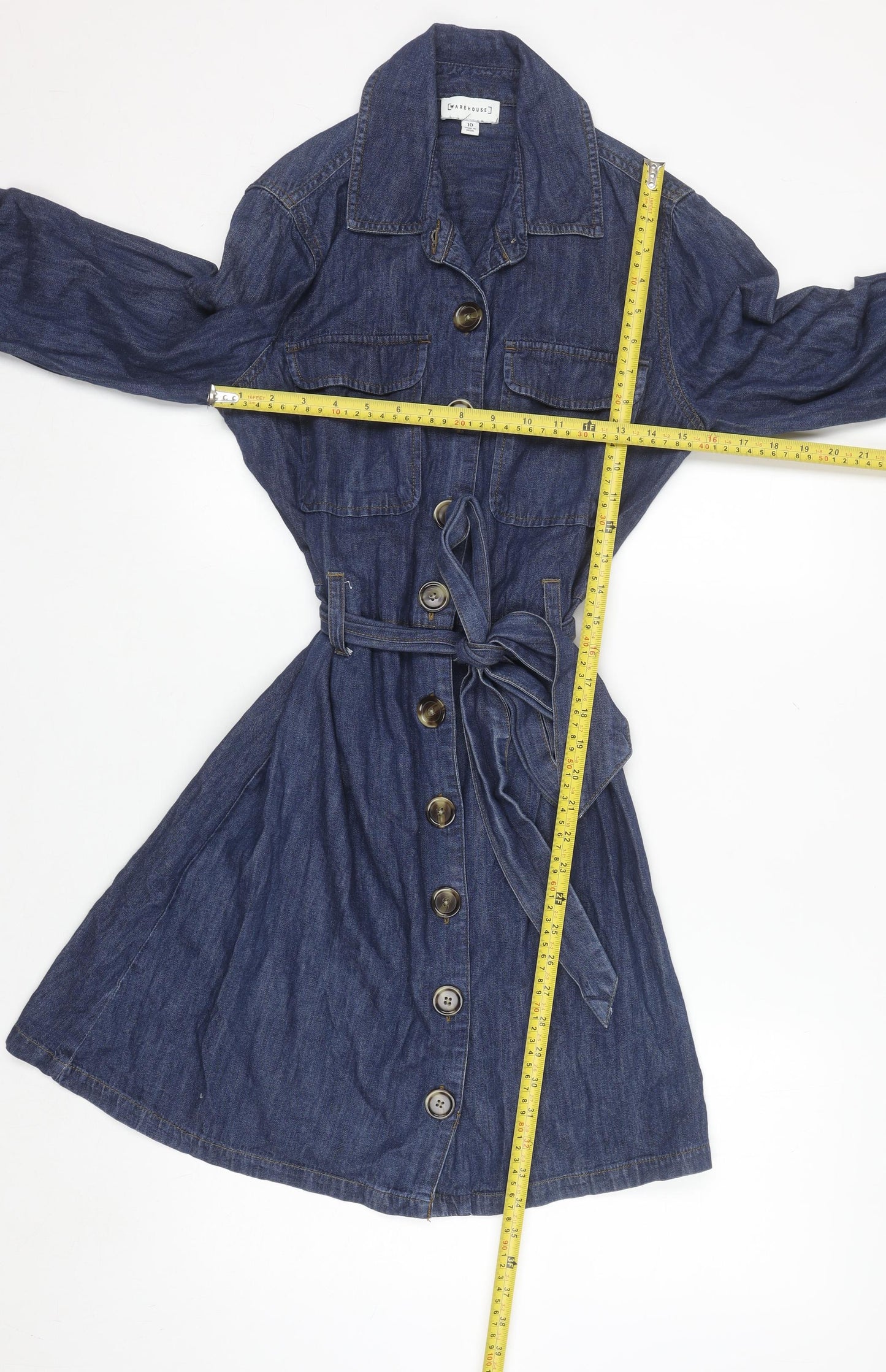 Warehouse Women Blue Denim Shirt Dress UK 10 Belted Long Sleeve