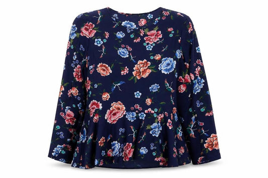 Primark Women's Navy Floral Long Sleeve Peplum Blouse Size 18