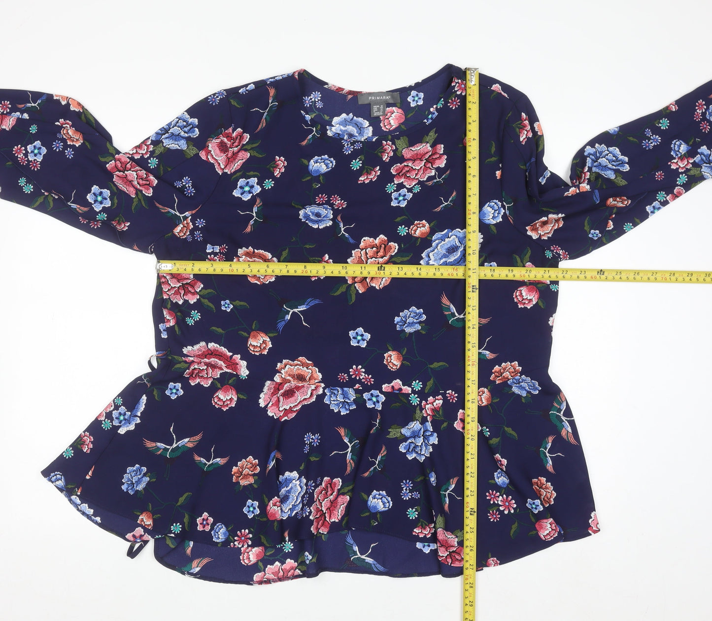 Primark Women's Navy Floral Long Sleeve Peplum Blouse Size 18