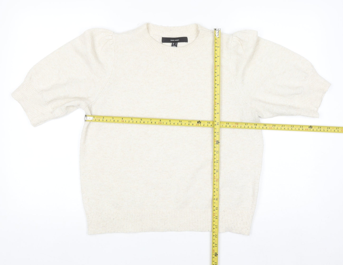 Vero Moda Women's Ivory Knit Puff Sleeve Crew Neck Jumper M