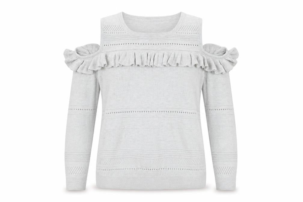 F&F Womens Grey Cold Shoulder Ruffle Knit Jumper Size 14
