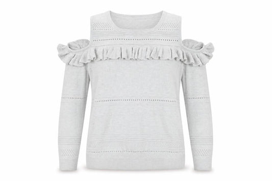 F&F Womens Grey Cold Shoulder Ruffle Knit Jumper Size 14