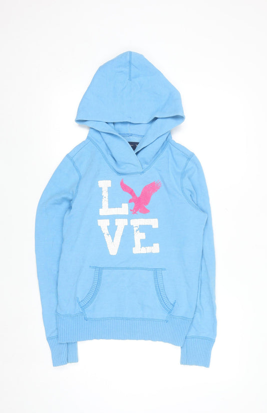 American Eagle Outfitters Women Blue Pullover Hoodie Size M LOVE Print
