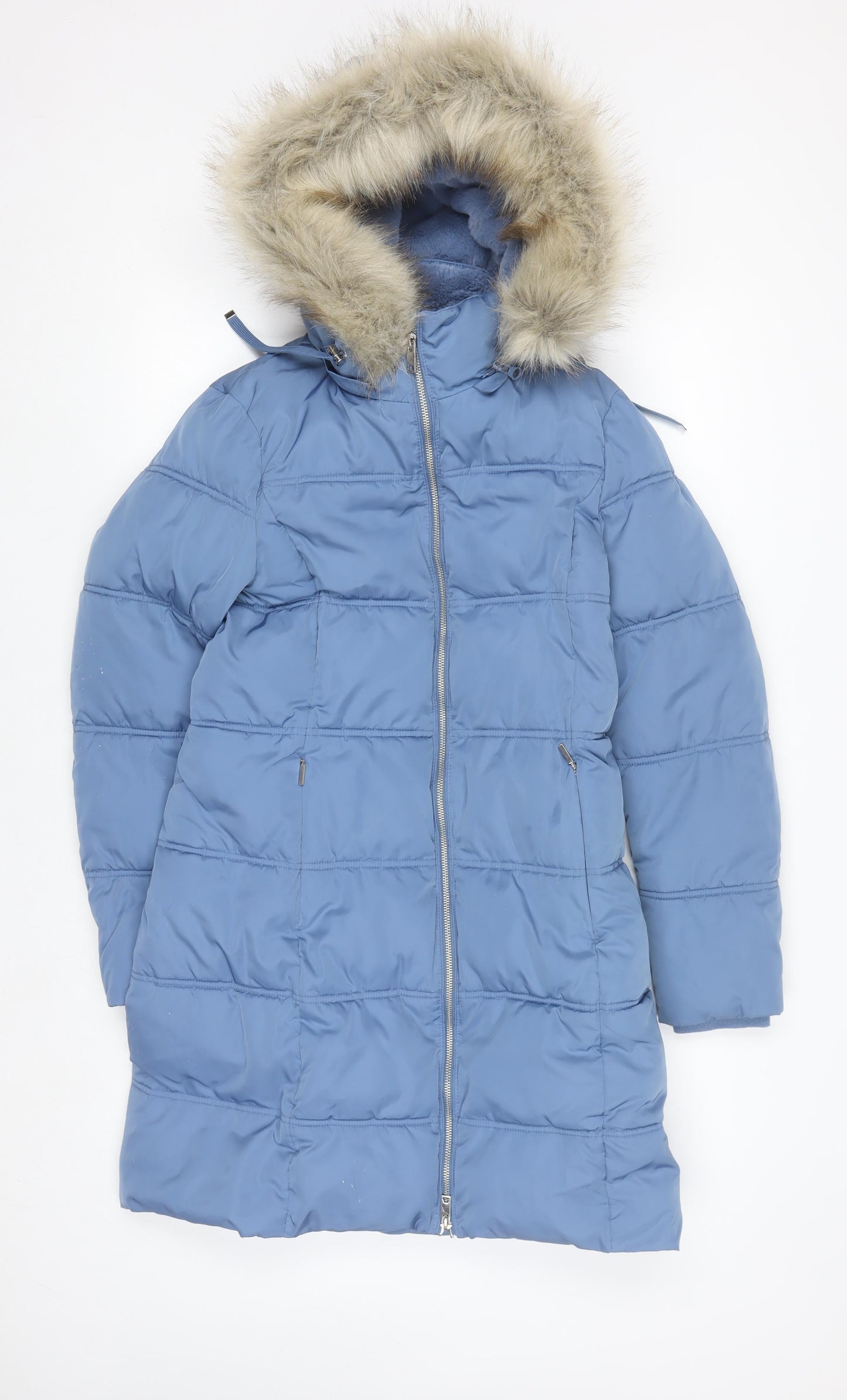 Marks and Spencer Women's Blue Puffer Coat Size 8 Long Hooded Stormwear