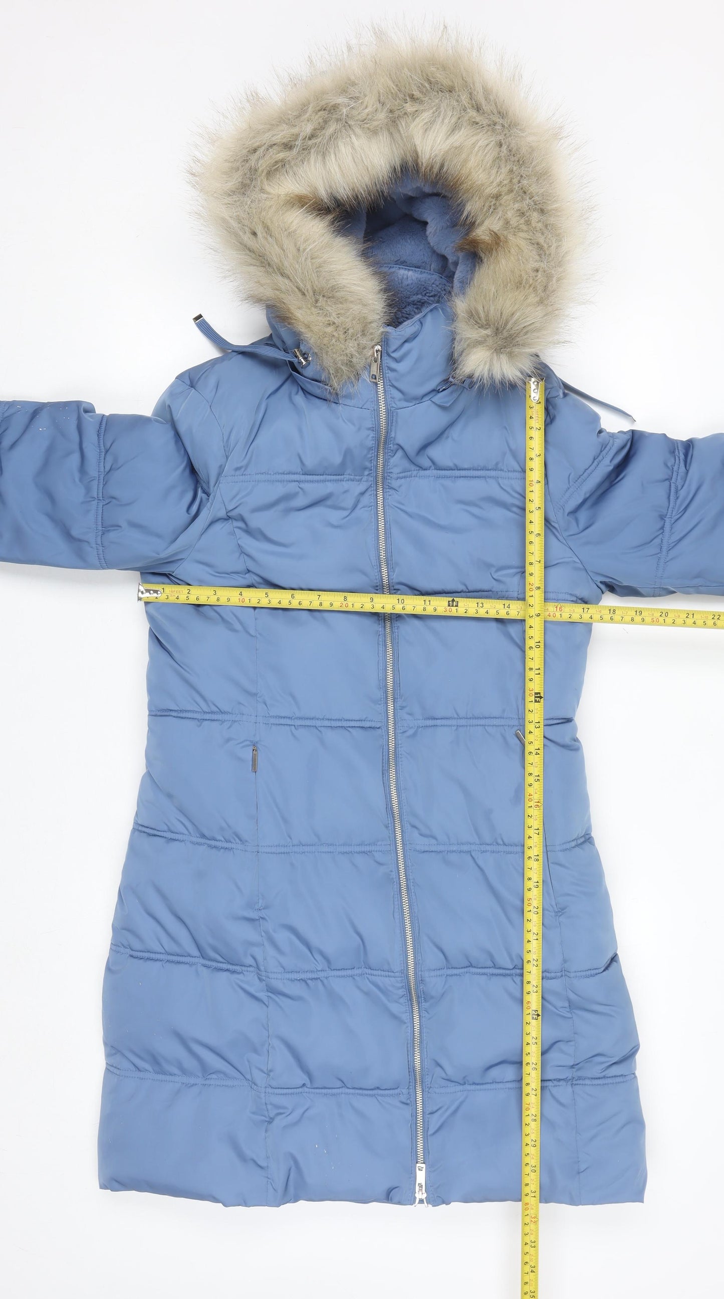 Marks and Spencer Women's Blue Puffer Coat Size 8 Long Hooded Stormwear
