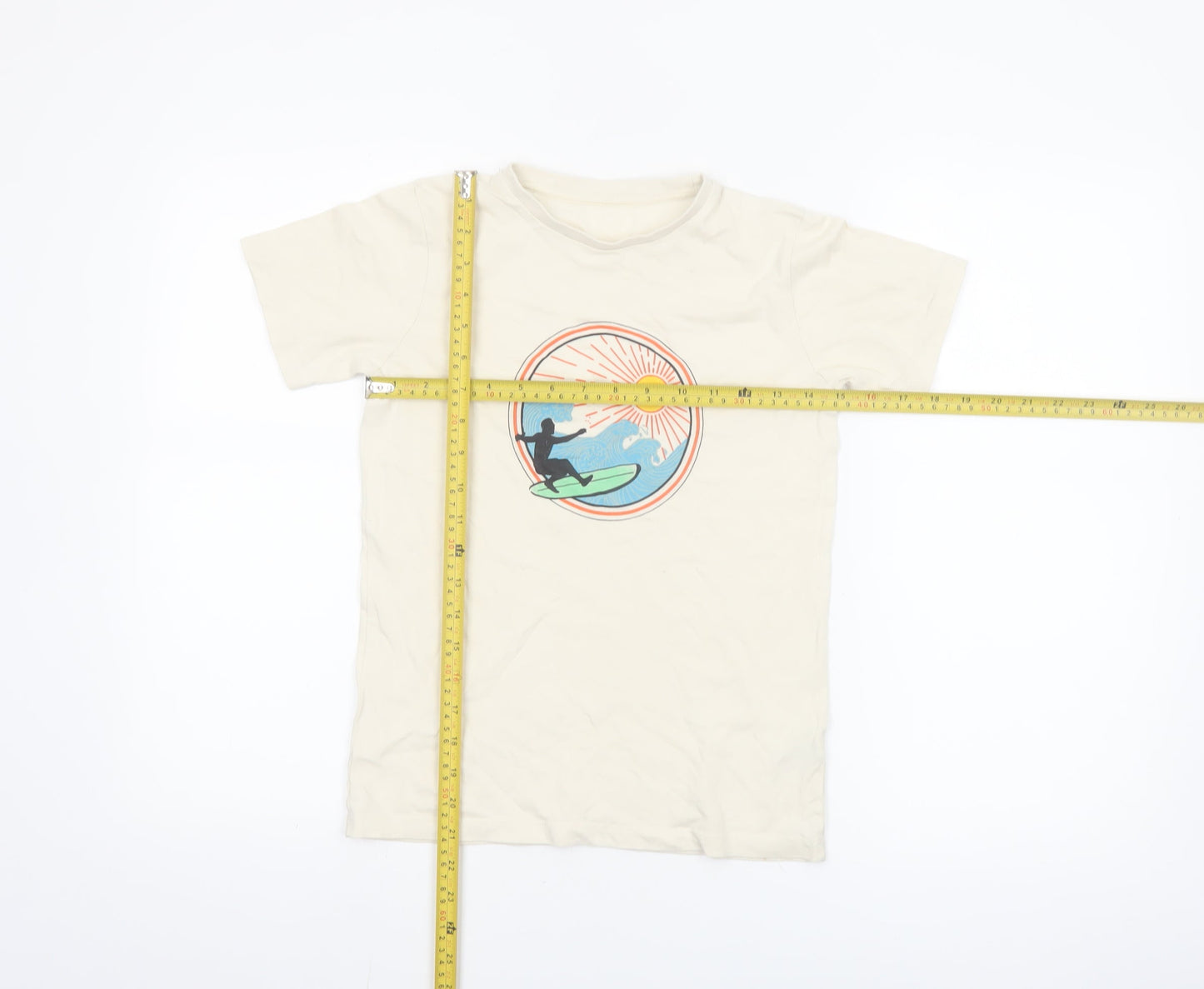 Dunnes Stores Boys Beige Surf Graphic Cotton T-Shirt 8-9 Years