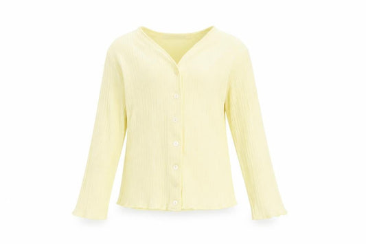 Front view of Marks & Spencer girls’ yellow button-up top 7-8 years cotton v-neck