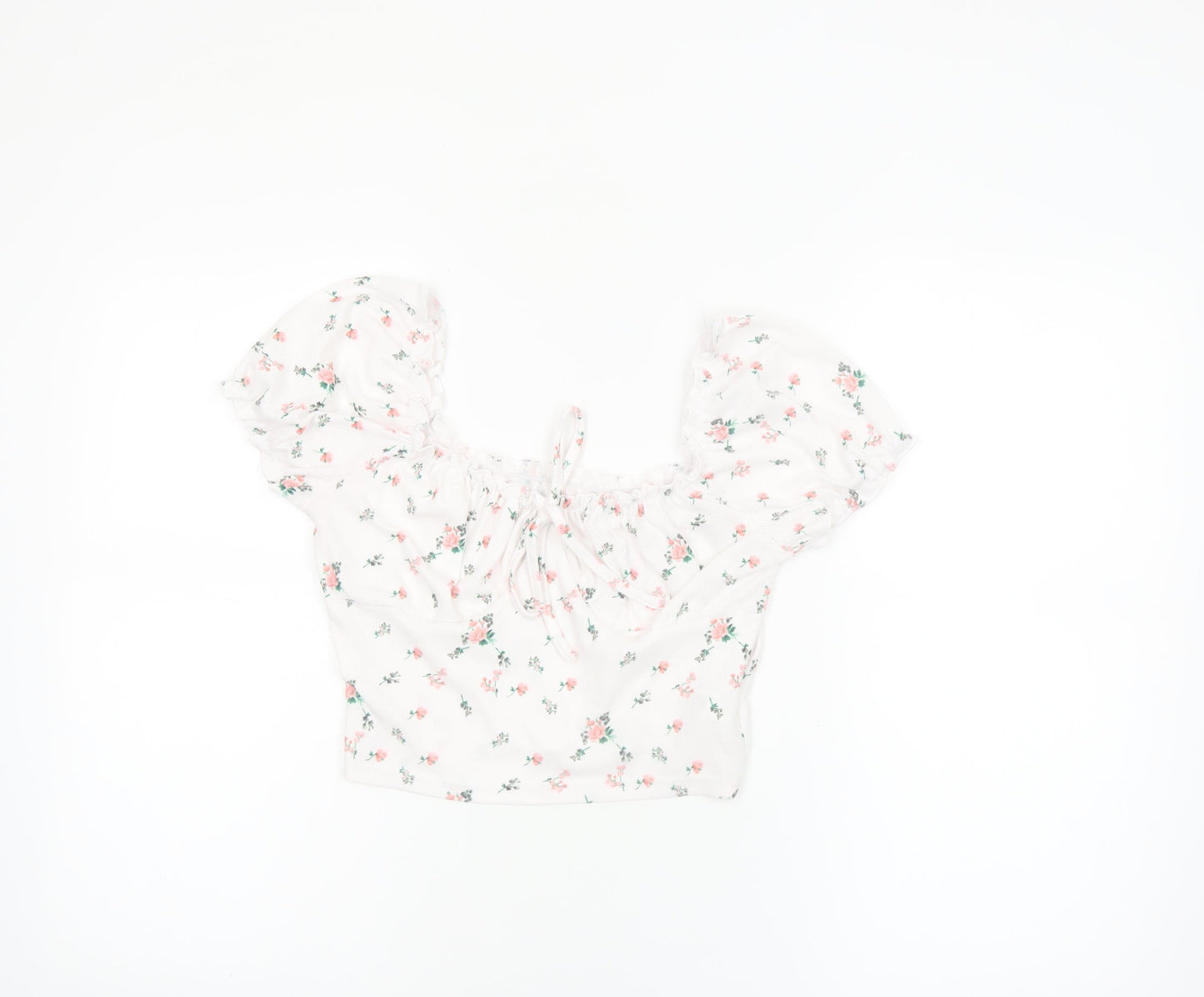 SHEIN Women’s White Floral Cropped Puff Sleeve Blouse S
