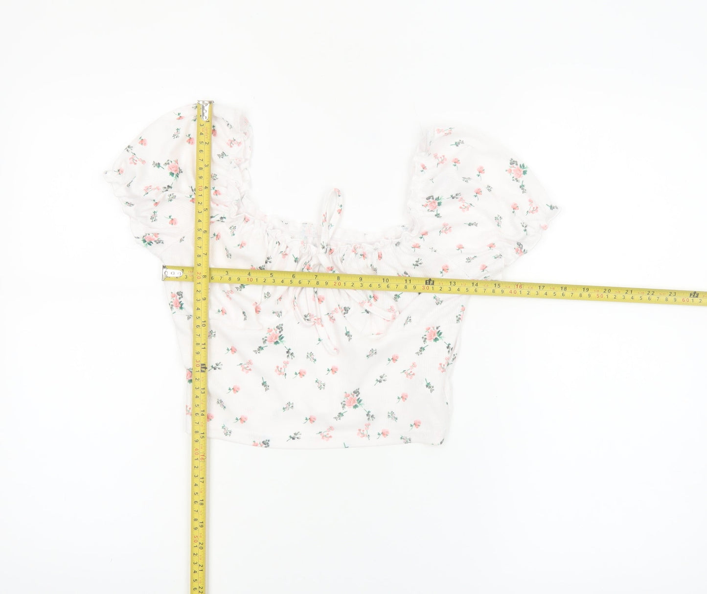 SHEIN Women’s White Floral Cropped Puff Sleeve Blouse S
