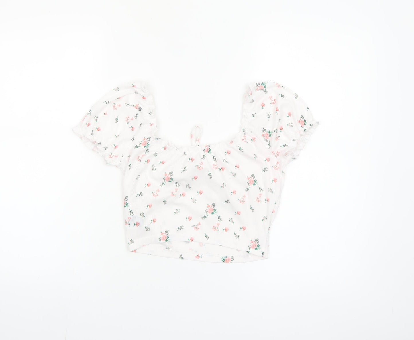 SHEIN Women’s White Floral Cropped Puff Sleeve Blouse S