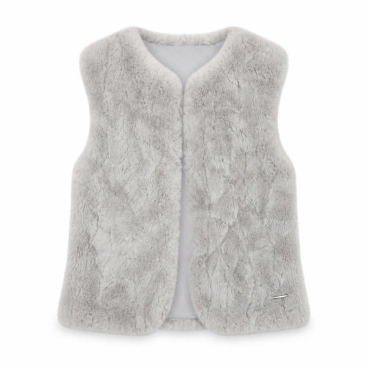 Front view of Mayoral girls’ grey faux fur waistcoat age 9 years lined soft vest