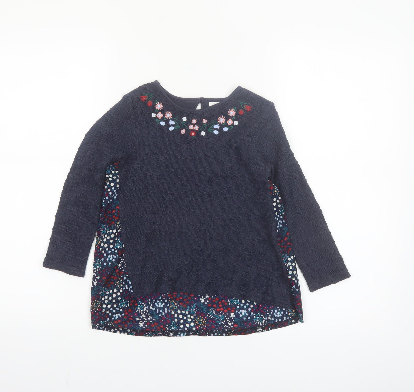 F&F Girls Blue Floral Embroidered Long Sleeve Cotton Shift Dress 5-6 Years