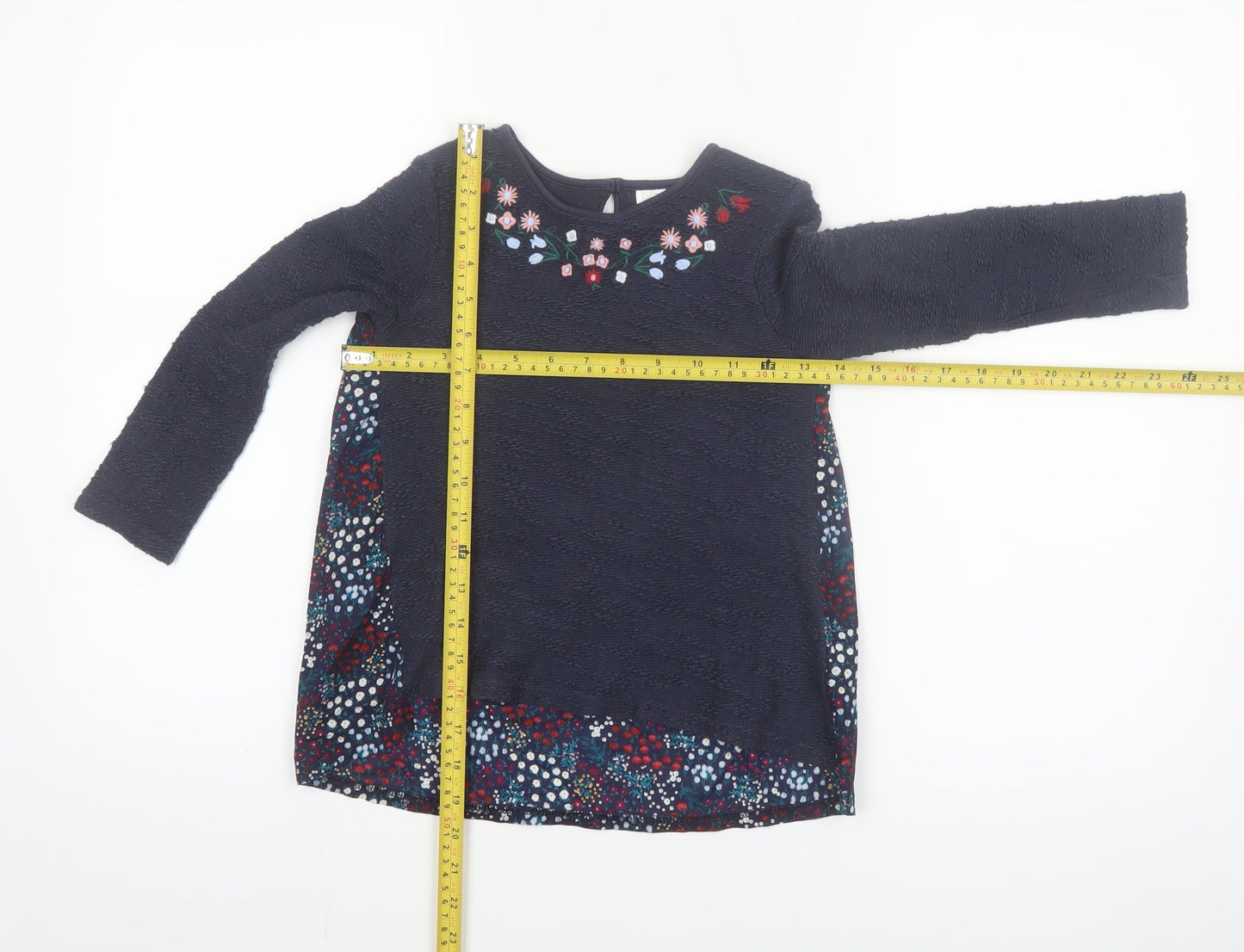 F&F Girls Blue Floral Embroidered Long Sleeve Cotton Shift Dress 5-6 Years