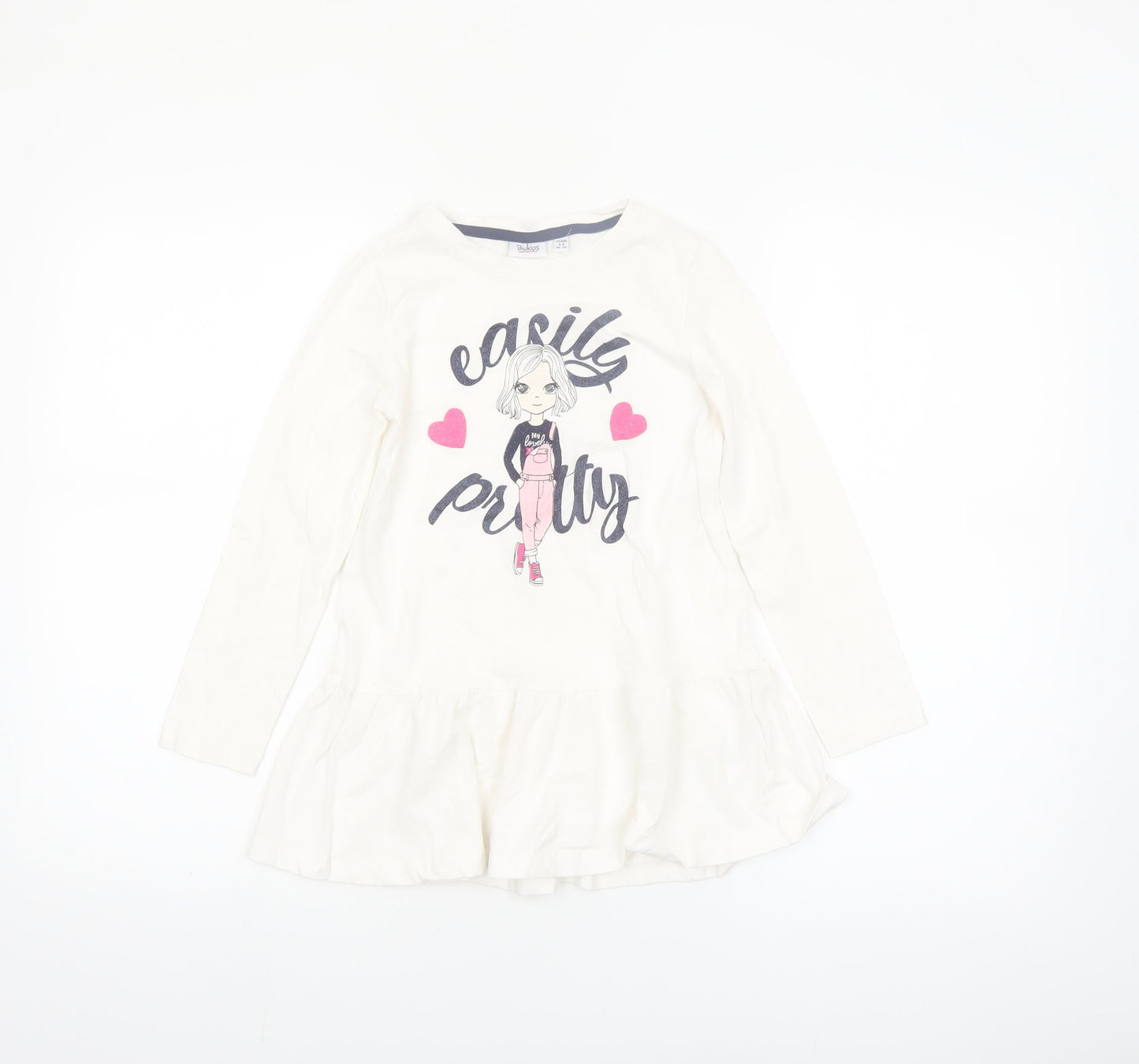 Blukids Girls Ivory Graphic T-Shirt Dress 5-6 Years Long Sleeve Cotton