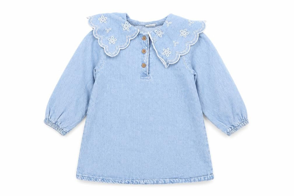 Next Girls Blue Cotton Long Sleeve Embroidered Collar Shirt Dress 18-24 Months