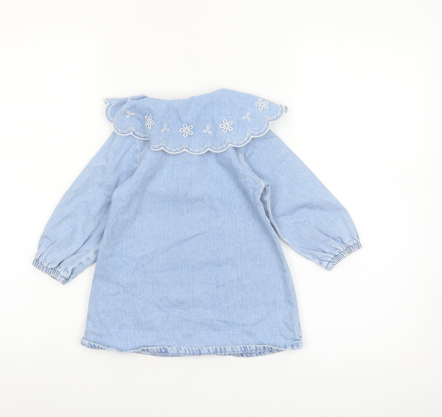 Next Girls Blue Cotton Long Sleeve Embroidered Collar Shirt Dress 18-24 Months