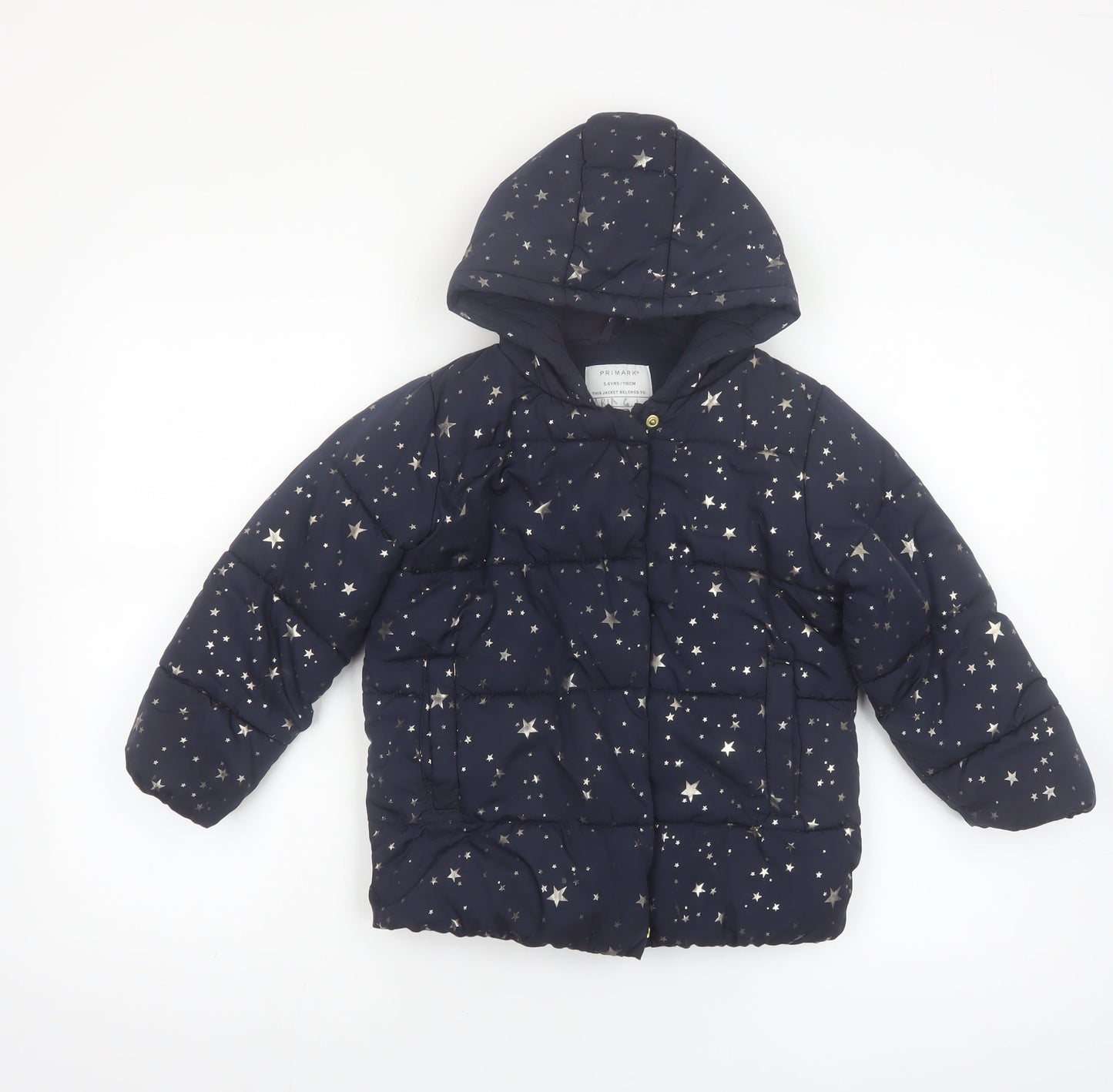 Primark Girls Blue Star Print Hooded Puffer Jacket Coat 5-6 Years