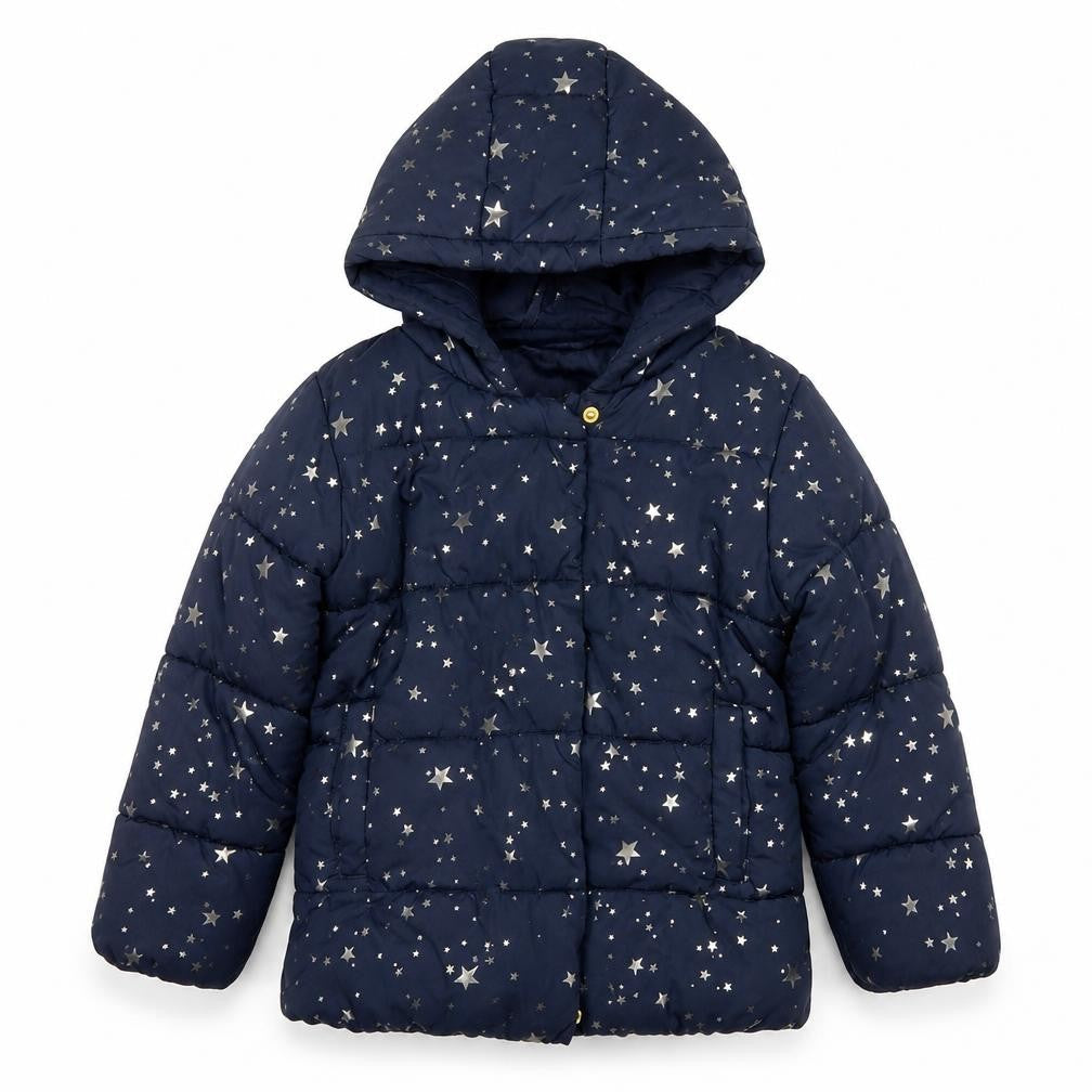 Primark Girls Blue Star Print Hooded Puffer Jacket Coat 5-6 Years