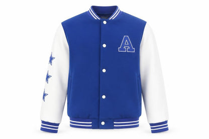 Front view of SHEIN boys’ blue varsity jacket 13-14 years polyester lined school jacket