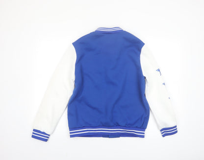 Close-up detail of SHEIN boys’ blue varsity jacket 13-14 years polyester lined school jacket