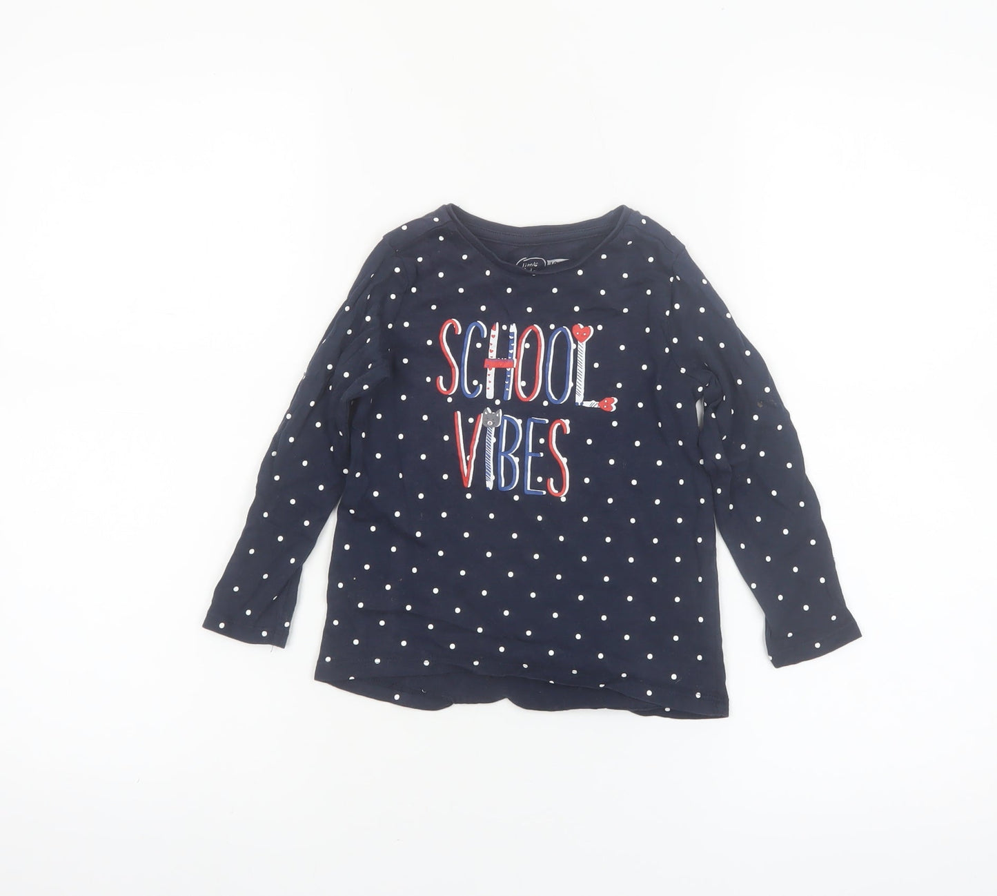 Little Kids Girls Blue Polka Dot Long Sleeve School Vibes Cotton T-Shirt 3-4 Years
