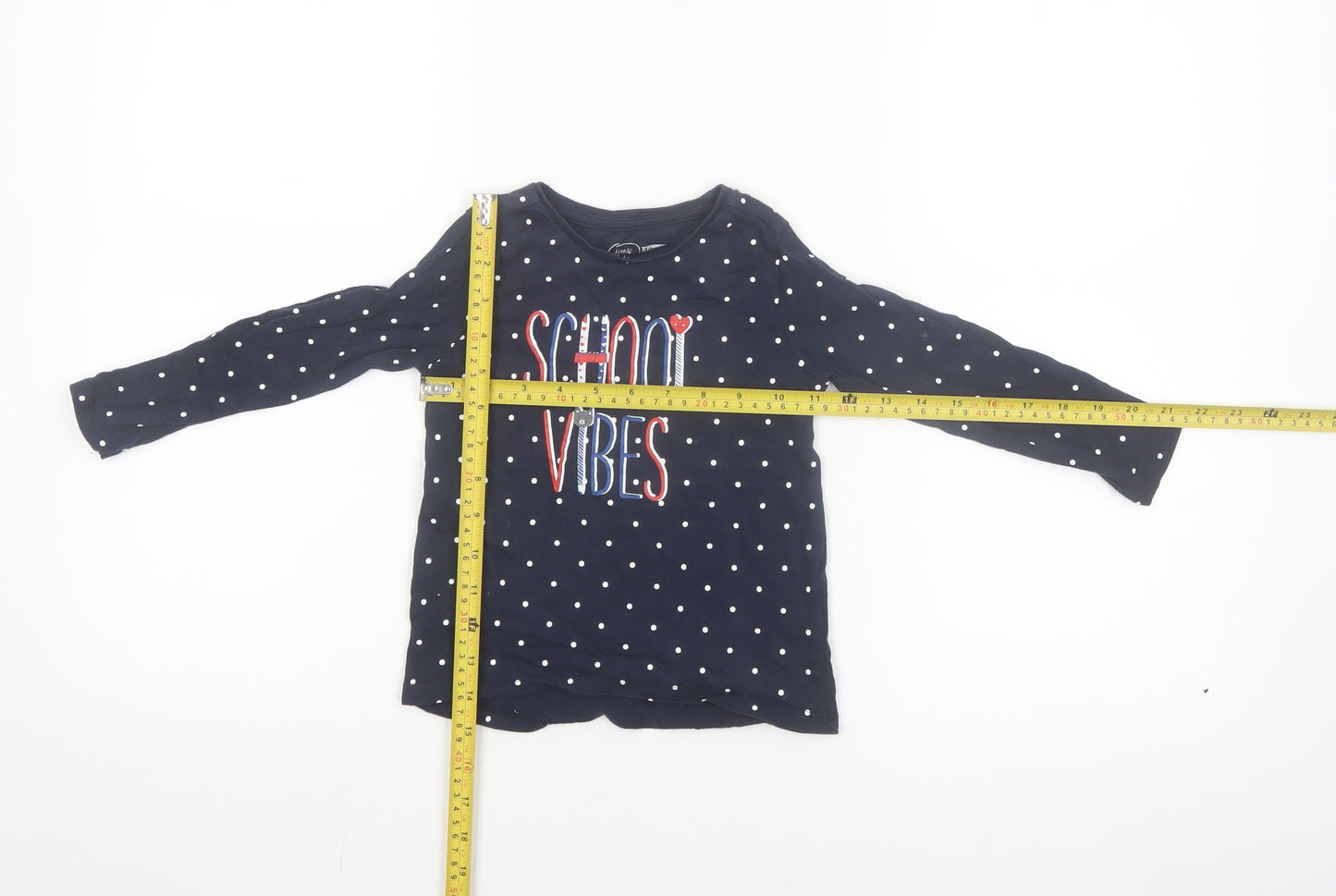 Little Kids Girls Blue Polka Dot Long Sleeve School Vibes Cotton T-Shirt 3-4 Years