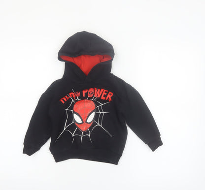 Front view of Marvel Spider-Man boys’ black hoodie 4 years pullover hero power cotton blend