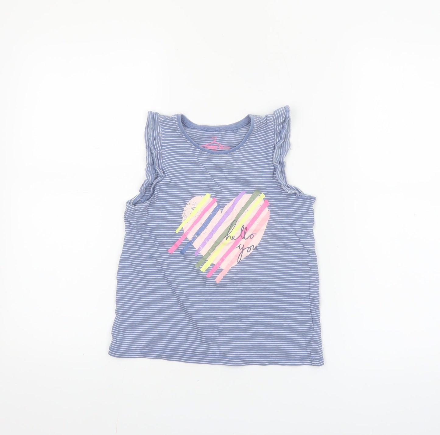 Next Girls Blue Striped Sleeveless Ruffle Cotton T-Shirt 7-8 Years